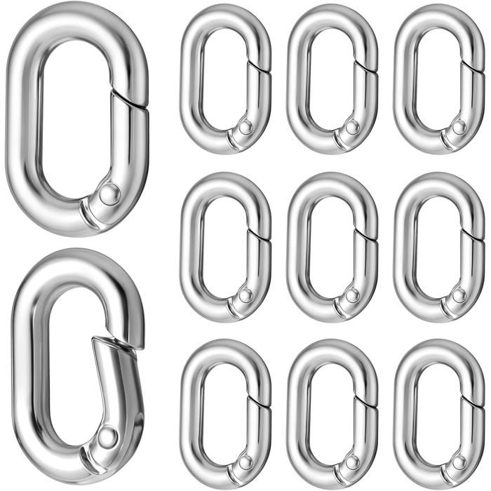 Lot de 10 mousquetons à ressort ovales métal petit anneau en D petit clip boucle mousqueton à ressort la randonnée les hamacs Argent