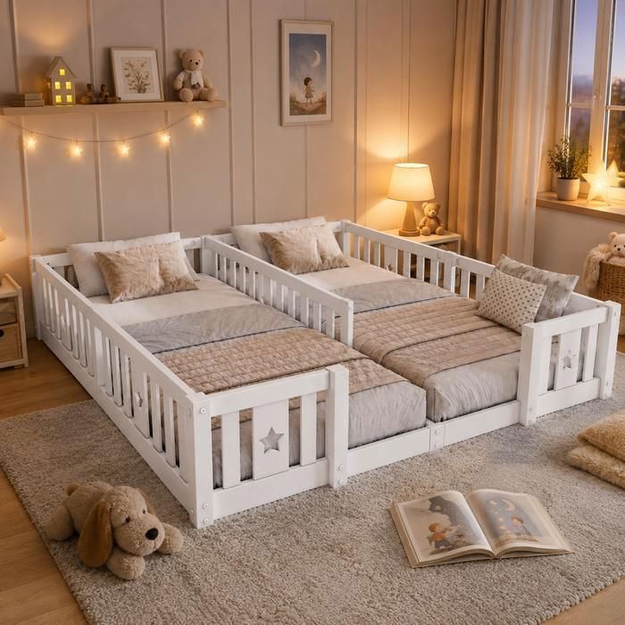 Lit Enfant au Sol 90x200 cm avec Barrières de Sécurité Lit Double avec Motif Etoiles Design Montessori pour 2 Enfants Blanc