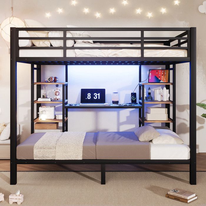 Lit superposé 90x200 / 140x200 cm métal rangements USB/Type-C/prise ronde LED noir
