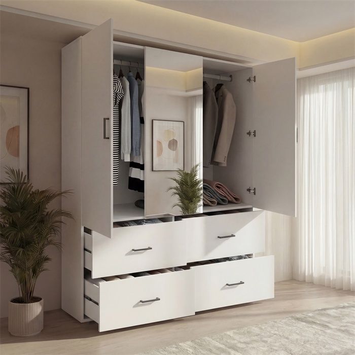 Armoire 130x51.8x181.5cm - Armoire dressing à 2 portes avec miroir central et 4 tiroirs - Blanc