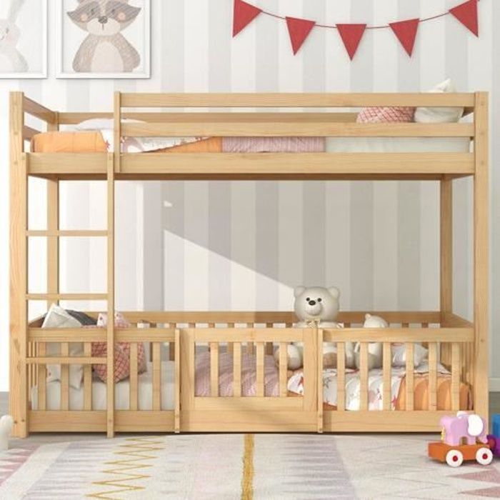 lit double pour enfant avec escalier à angle droit-lit avec clôtures et portes en bois massif-200x90cm-naturel