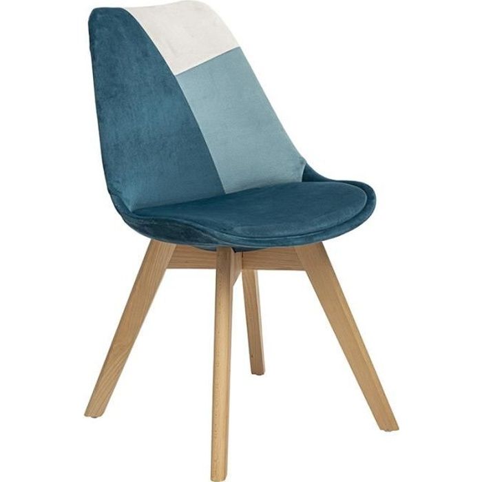 chaise pieds bois patchwork bleu canard - atmosphera - baya - scandinave - moderne