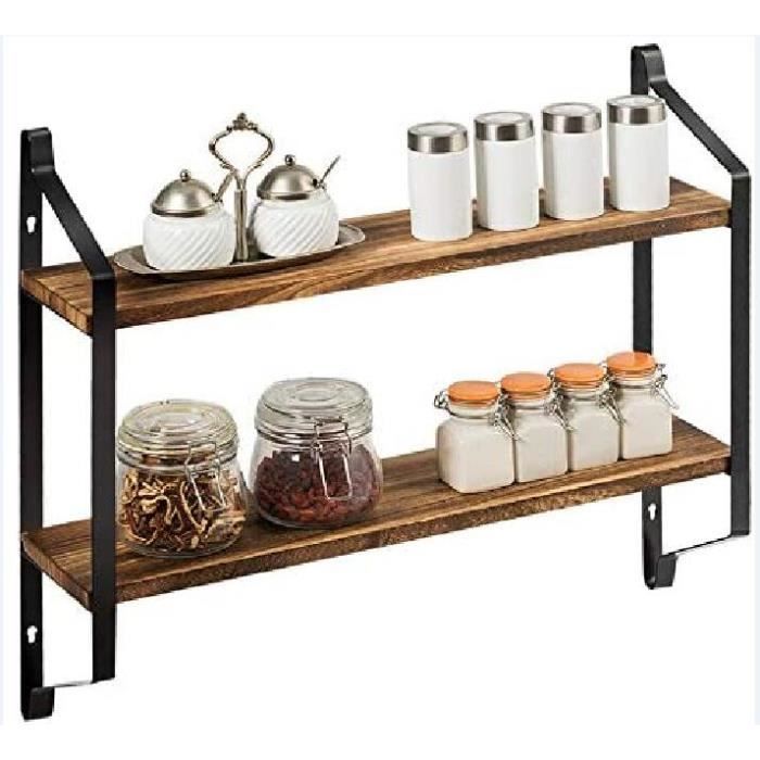 etagere murale en bois et metal style industriel rangement flottante decorative avec 2 etageres de stockage support mural stable cdiscount maison