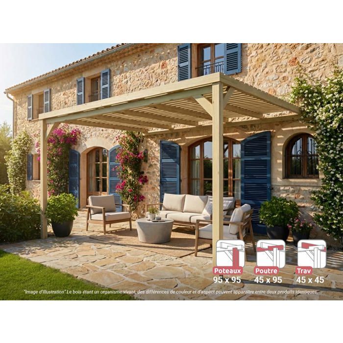 Pergola adossée en bois Montpellier 420 x 300 cm + 2 supports surélevés - Maderland