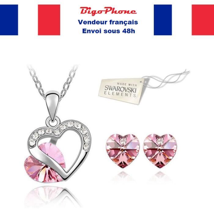 Parure Bijoux Femme Cœur Cristal Rose Rubis Plaqué Or Jaune 750/1000 - 4 Pièces (Neuf Avec étiquettes)