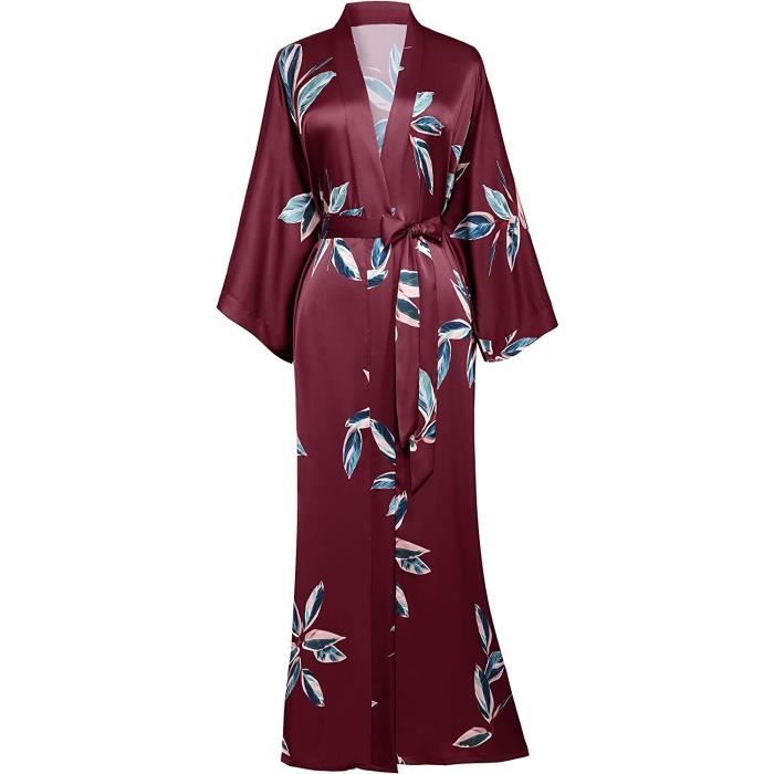 Kimono Robe de Nuit Femme Longue Robe de Chambre Motif Feuille