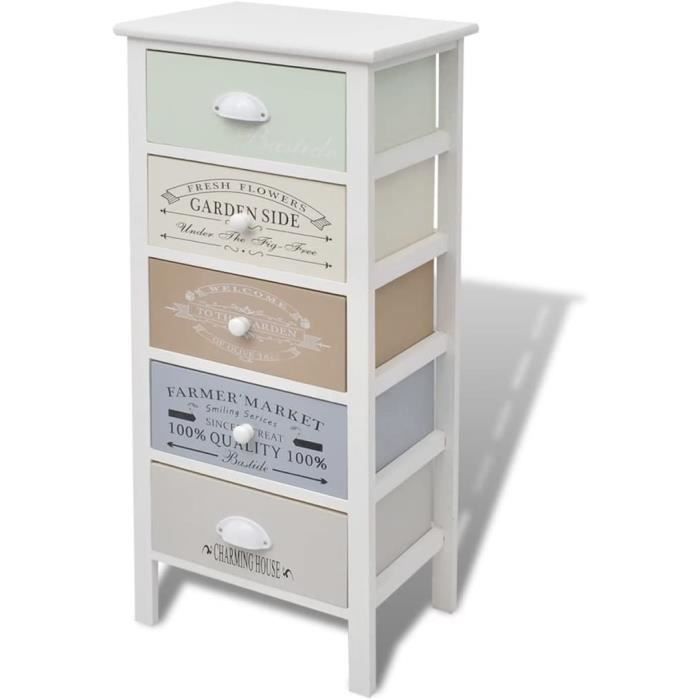 Armoire de Rangement Style Français 5 Tiroirs Bois Chiffonier Commode - Blanc
