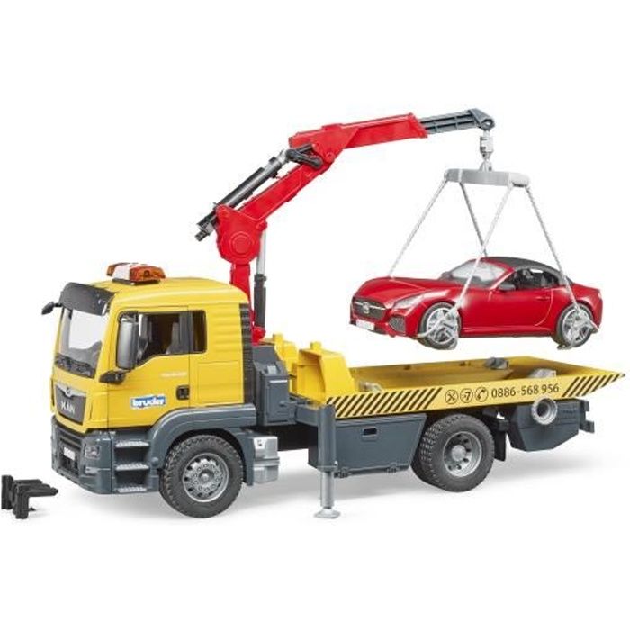 Camion dépannage MAN TGS avec véhicule ROADSTER son et lumière - BRUDER - Jaune - Pour enfant de 4 ans et plus