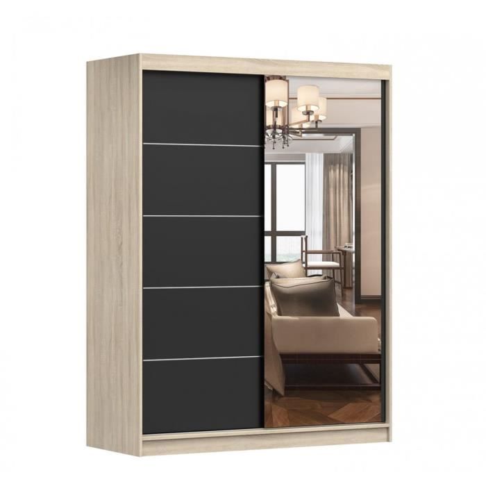 Armoire de chambre avec 2 portes coulissantes et miroir avec étagères - 150x200x61 cm - Beni 05 Dark (Sonoma + Noir, 150)