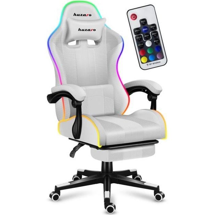 Chaise gaming HUZARO FORCE 4.7 Blanc LED RVB Chaise Bureau Pc Gaming Ergonomique Coussin Lombaire Têtière Réglable Pivotant