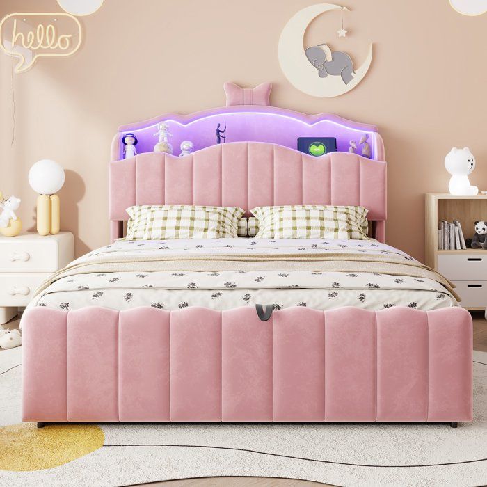 Lit coffre 140x200 cm tête de lit avec niche éclairage LED RGB intelligent station de charge 3 USB + 1 Type‑C rose