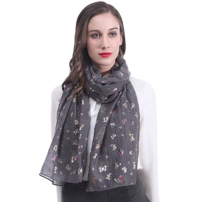 Grand Foulard En Soie Imitation Pour Femme - Broderie Papillon, 80x190cm, Plusieurs Coloris