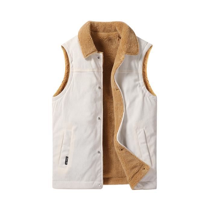 Gilet Homme Hiver Velours Cotele Sans Manches Double Polaire Casual Gilet Chaud Confortable Couleur Unie Automne Hiver Beige