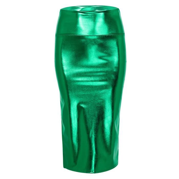 Femme Midi Jupe Fendue Sexy M?�talliques Brillantes Jupe Moulante Taille Haute Robe Crayon 