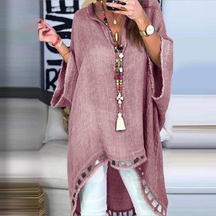 Tunique Femme Mode solide col en V lache manches longues irregulieres Rose Cdiscount Boutique Erotique
