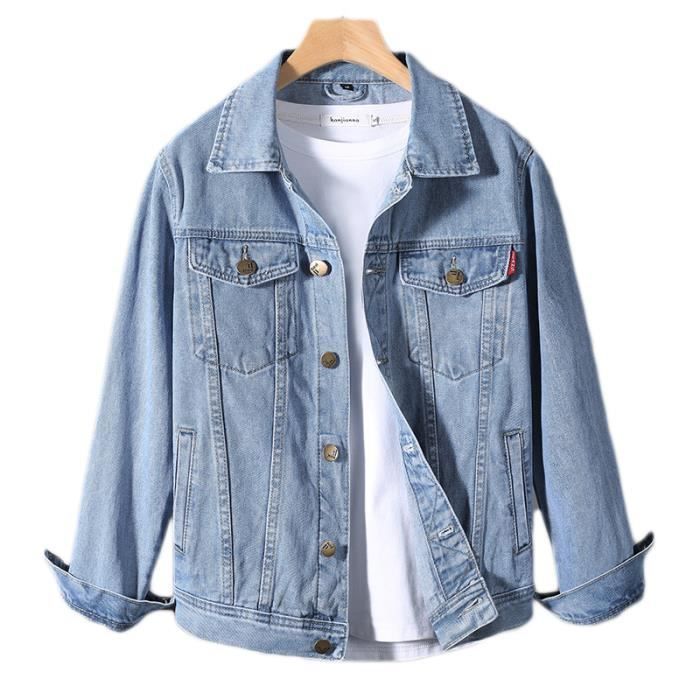 Manteau Court En Jean Femme - Couleur Unie, Revers, Ourlet Usé, Style Décontracté