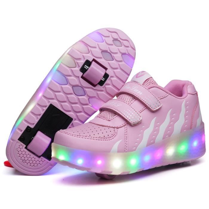 Pinkskattings@ Garçons Filles Chaussures À roulettes À Roue Entraînement Roller Skate Chaussures avec roulettes Doubles Bouton Poussoir Chaussures De Skate Sneakers 2 en 1 