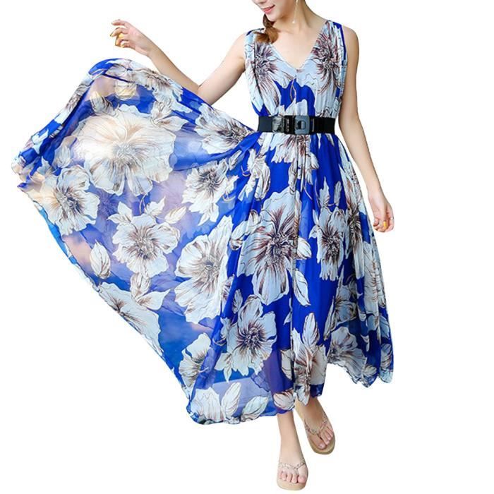 femme grande taille col en v robe évasée en mousseline de soie plage décontractée lâche longueur maxi robe d'été bleu
