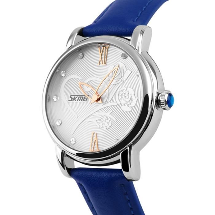 Montre Femme Marque De Luxe Rose Diamant étanche Bracelet En Cuir Bleu Cdiscount Bijouterie