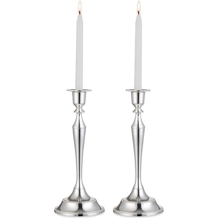 Nuptio Bougeoirs Argent 24.5cm - Lot De 2 Chandeliers Pour Bougies Coniques Mariage