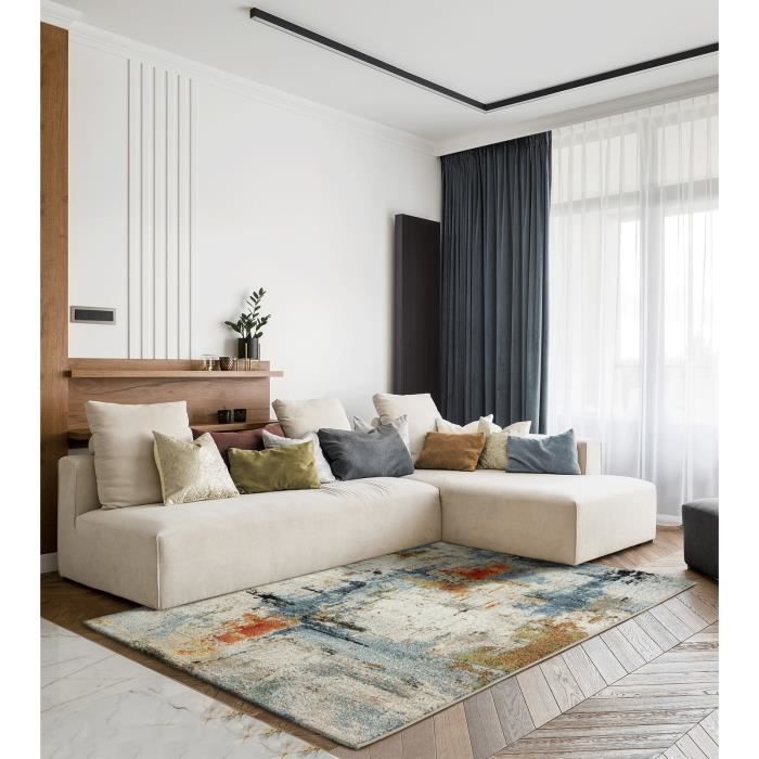 the carpet Monde Tapis de salon moderne à poils courts doux et attrayant, abstrait, multicolore, crème, bleu, 80 x 150 cm