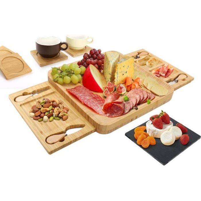 Set plateau à fromage - TODECO - L33xW33xH4cm - Ardoise - Tiroir coulissant - 4 dessous de verre