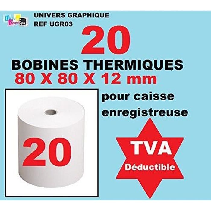lot de 20 - Bobine Papier Thermique, 80 x 80 x 12 mm, rouleaux thermique  80x80x12 pour