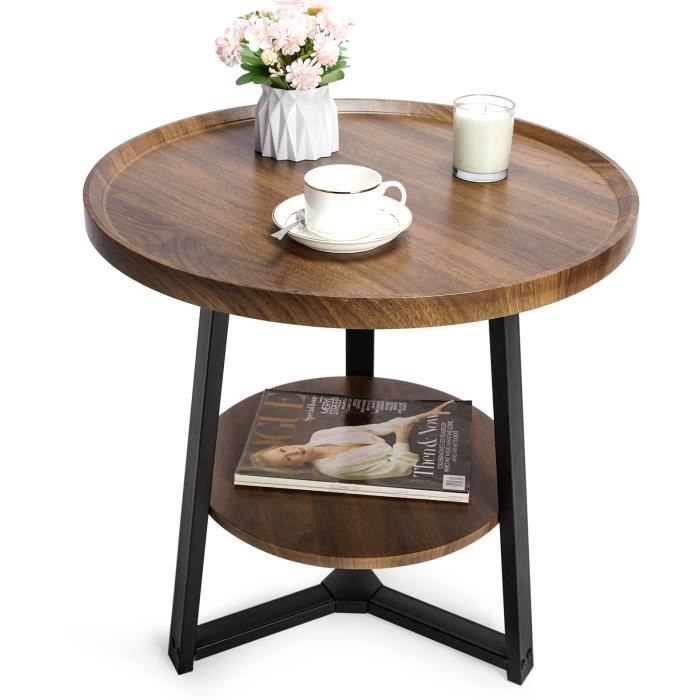 table basse ronde yorbay - 2 niveaux - table de salon  - style industriel - marron