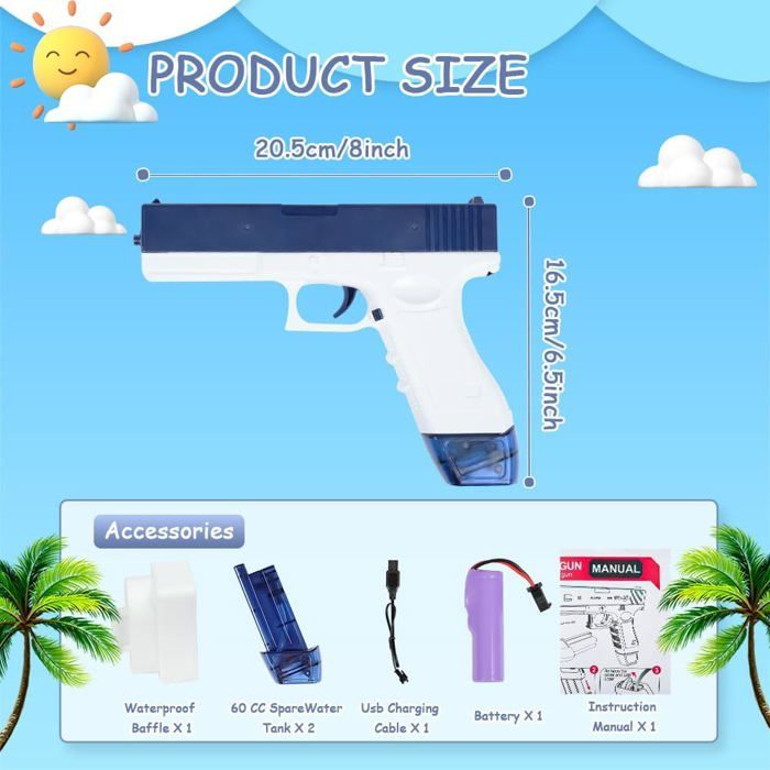 Fancysky Pistolet à Eau Électrique Puissant – Effet Flash LED & Recul, Portée 8 M, Réservoir 320 Ml – Pour Piscine, Plage, Jeux D’Eau – Cadeau Été Enfant & Adulte