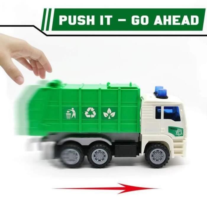 HERSITY Camion Poubelle Jouet 1/16 – Son, Lumière, Benne Inclinable 45°, Friction, éducatif, 27 Cm, Dès 3 Ans