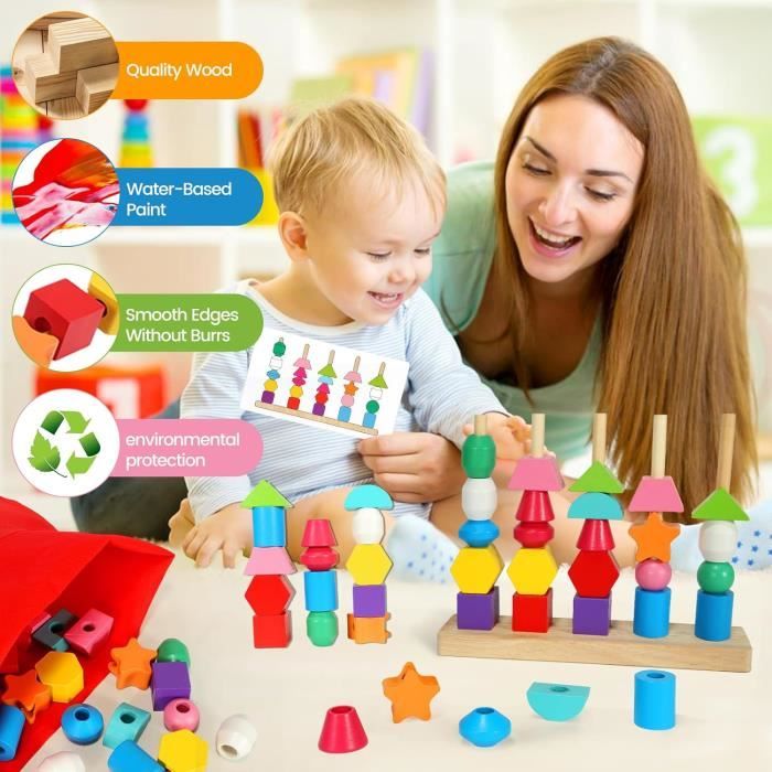 Montessori Toys for 2 3 4 Year Old Wooden Shape Matching Game & Lacing ...