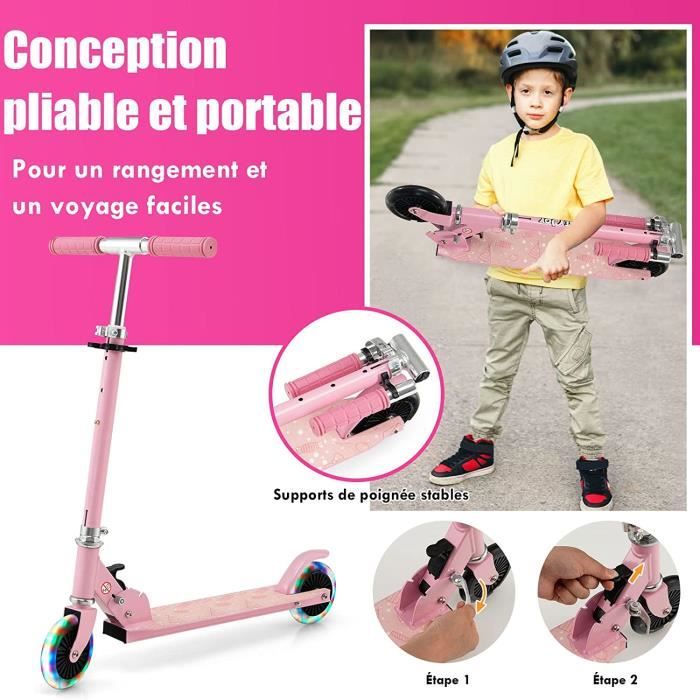 GOPLUS Trottinette Enfant 10 Ans+, Trottinette Pliable Hauteur Réglable 86,5/91,5/96,5 cm, Roues Lumineuses en Alliage d'Aluminium, Béquille et Frein à Pied sur Roue Arrière, Charge Max.100KG(Blanc