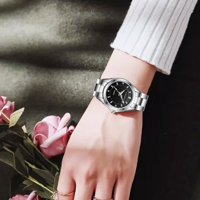 Montre élégante NY Of London – Cadran Noir, Boîtier Acier Argenté, Bracelet Maille, Mouvement Quartz, Neuf
