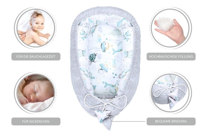 Réducteur Lit Bébé 90x50 cm - Cocoon Cale Bebe pour Lit Baby Nest Coton  avec Minky Animaux aquatiques gris clair