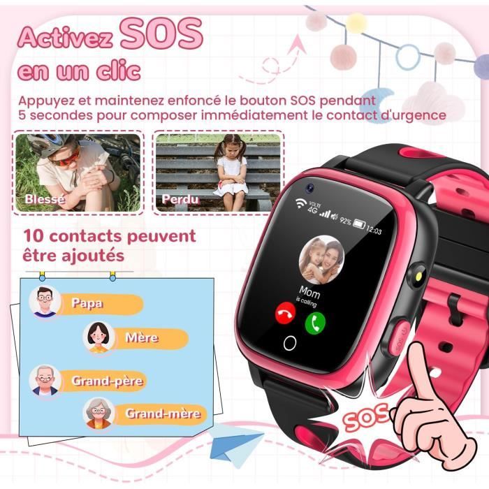 Montre Connectée Enfant 4G GPS - Appel Vidéo, Chat Familial, Mode Classe - Cadeau 5-12 Ans - Noir - 6