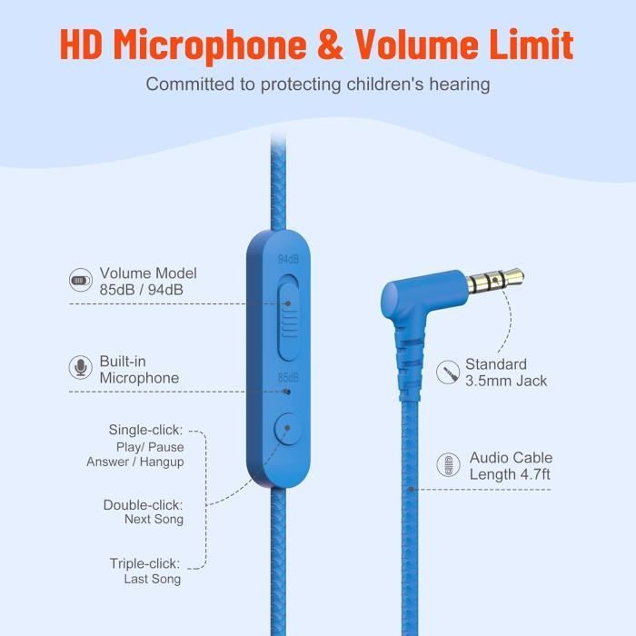 iClever HS14 Casque pour enfants avec volume limité de 94 dB, serre