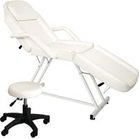 Table de massage en cuir blanc avec tabouret - Capacité de charge de 150 kg - Convient aux instituts de beauté et aux spas