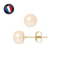 PERLINEA - Boucles d'Oreilles - Véritables Perles de Culture d'Eau Douce Boutons 5-6 mm Rose Naturel - Or Jaune - Bijoux Femme