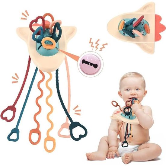 Jouet Sensoriel Montessori Bébé 6 Mois - Silicone Alimentaire - Anneau De Dentition + Cordes à Tirer