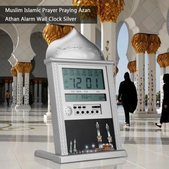 1pc Horloge de Prière Islamique Musulmane Azan Horloge Murale d'alarme avec Stylo(Argent) -XNA