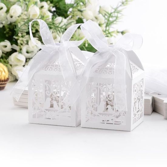 50x Boîte à dragées bonbons Coeur Oiseaux Cage blanc pour Mariage Baptême