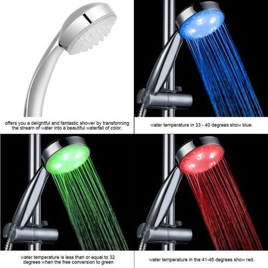 Tbest pommeau de douche à capteur de température Pommeau de douche à LED 3 couleurs changeantes de la salle de bains avec capteur