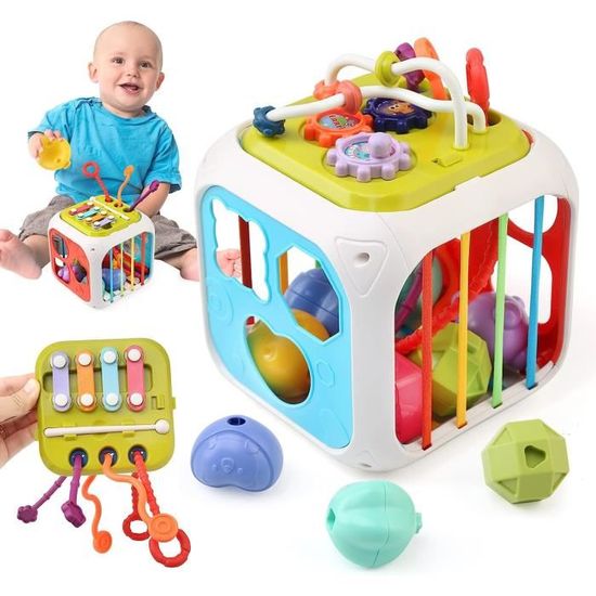 Cube D'Activité Montessori 8-en-1 – Xylophone, Récolte De Légumes, Horloge – Bois, 12 Mois+