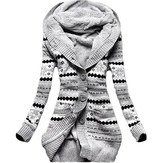 Pull Cardigan Femme Tricoté – Boutons Grenouille – Patchwork Rétro – Noir – Unique