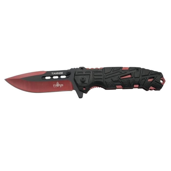 Couteau Third Yankee K2796RD, manche en aluminium noir avec trous, lame en acier inoxydable 10.5 cm noir avec coupe anodisée en