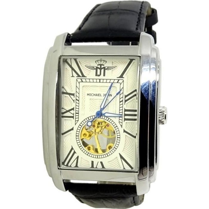 MONTRE Homme Squelette Luxe CUIR NOIR Fine AUTOMATIQUE MÉCANIQUE ARGENT Blanc OR