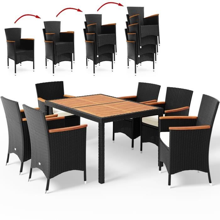 Salon de jardin en polyrotin noir Verona 6+1 table et chaises empilables coussins 7 cm ensemble de jardin meuble de jardin extérieur