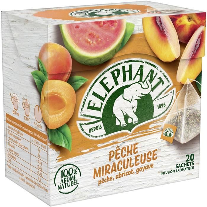 LOT DE 12 - ELEPHANT Peche Miraculeuse Infusion à la pêche abricot et goyave - 20 sachets