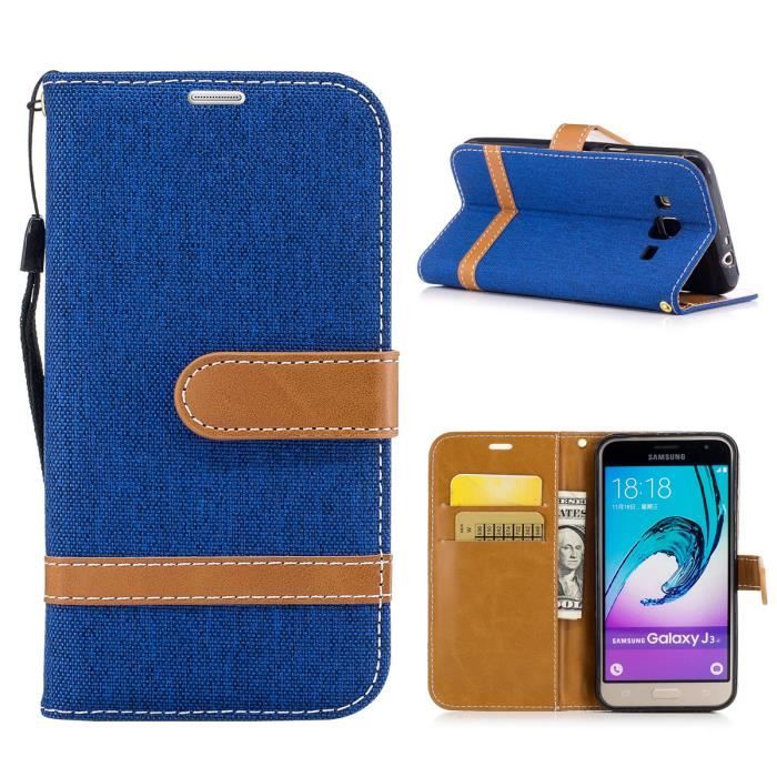 Galaxy J3 2016-J310 Coque Flip Wallet Denim PU Cuir Housse Anti Choc Siliconer Étui Samsung Galaxy J3 2016-J310 5.0--Bleu