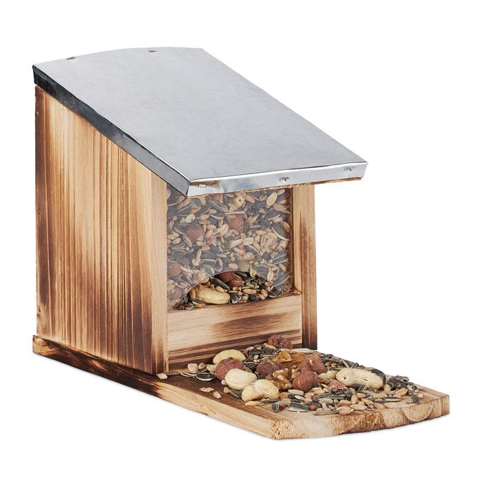 Relaxdays Mangeoire pour écureuil, Mangeoire en bois, toit en métal étanche, à poser, Hutte pour écureuil, flammé - 4052025931506